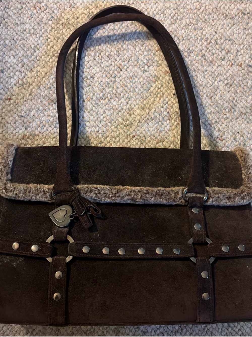 Stuart Weitzman Brown Suede Tote Bag with Faux Fur Trim